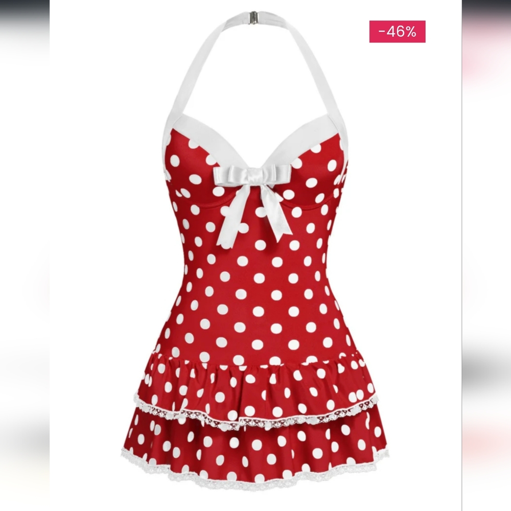 Womens Red Polka Dot One Piece Swimsuit